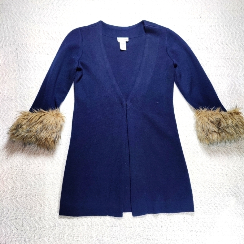 Soft Surroundings Long Cardigan Fuax Fur Cuffs Women's Size Xs Blue